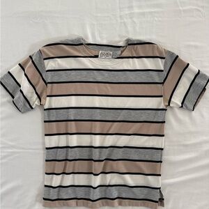 Jaclyn Smith Sport Gray Tan Ivory Black Striped Knit T-Shirt Size Small